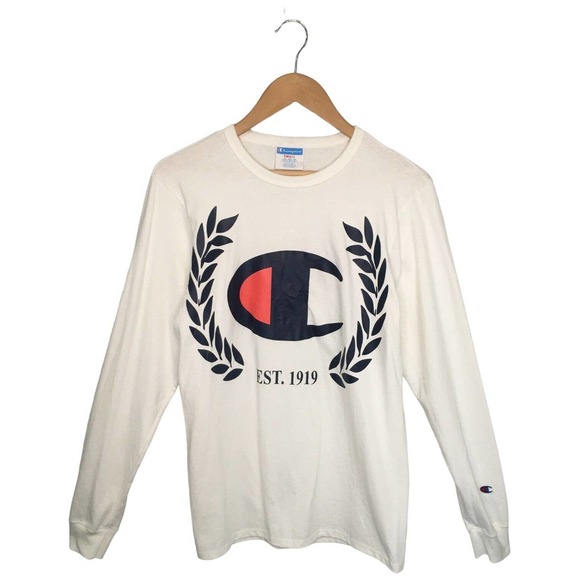 Champion Other - Champion Mens Small Heritage Logo Cotton Shirt Round Neck Long Sleeves White